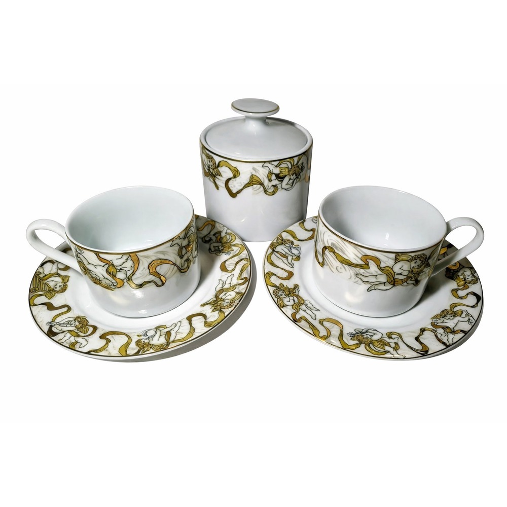 American Atelier Heavenly Hosts 3373 Tea Cup‎ Saucer Set Sugar Bowl Cherub Gold